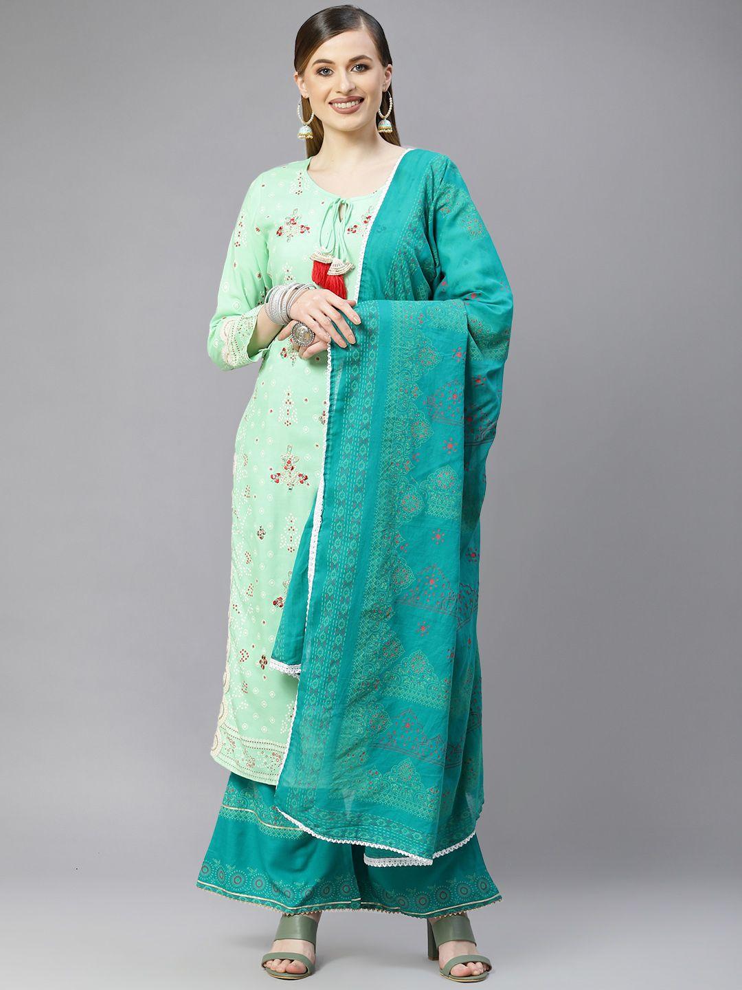 indo era women green & red ethnic motifs printed kurta with palazzos & dupatta