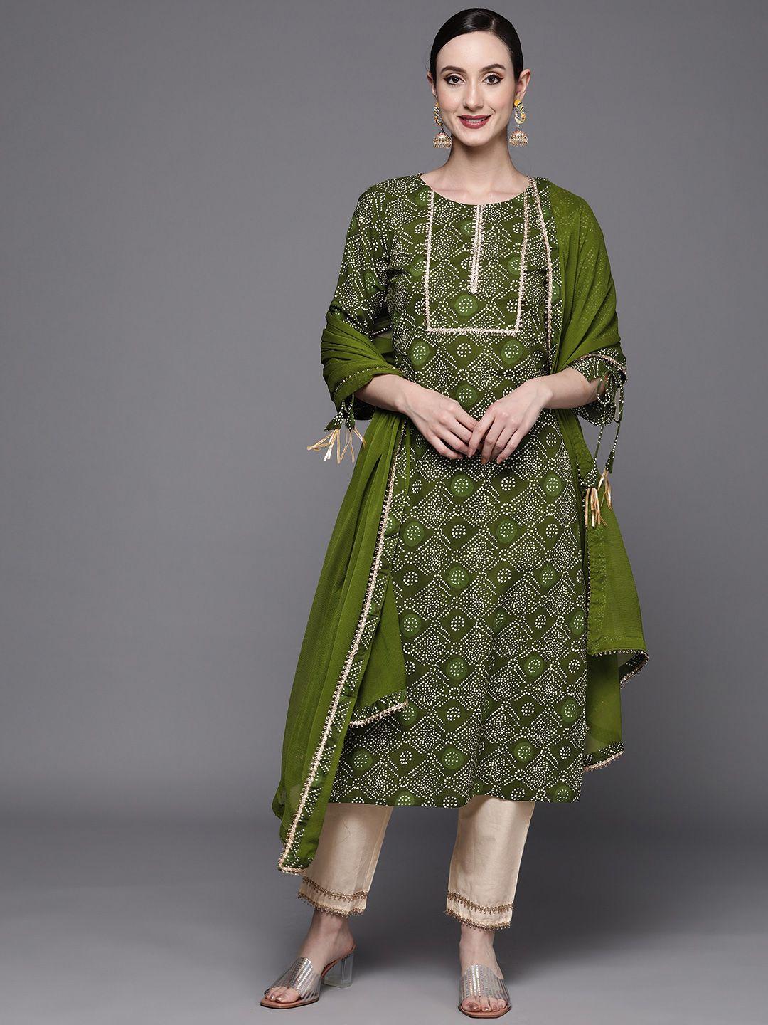 indo era women green bandhani printed gotta patti pure cotton kurta with palazzos & with dupatta