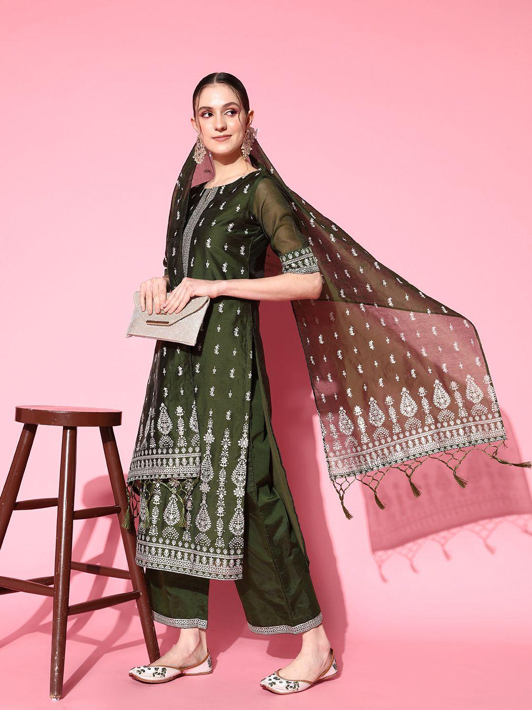 indo era women green ethnic motifs printed chanderi silk kurta with palazzos & dupatta