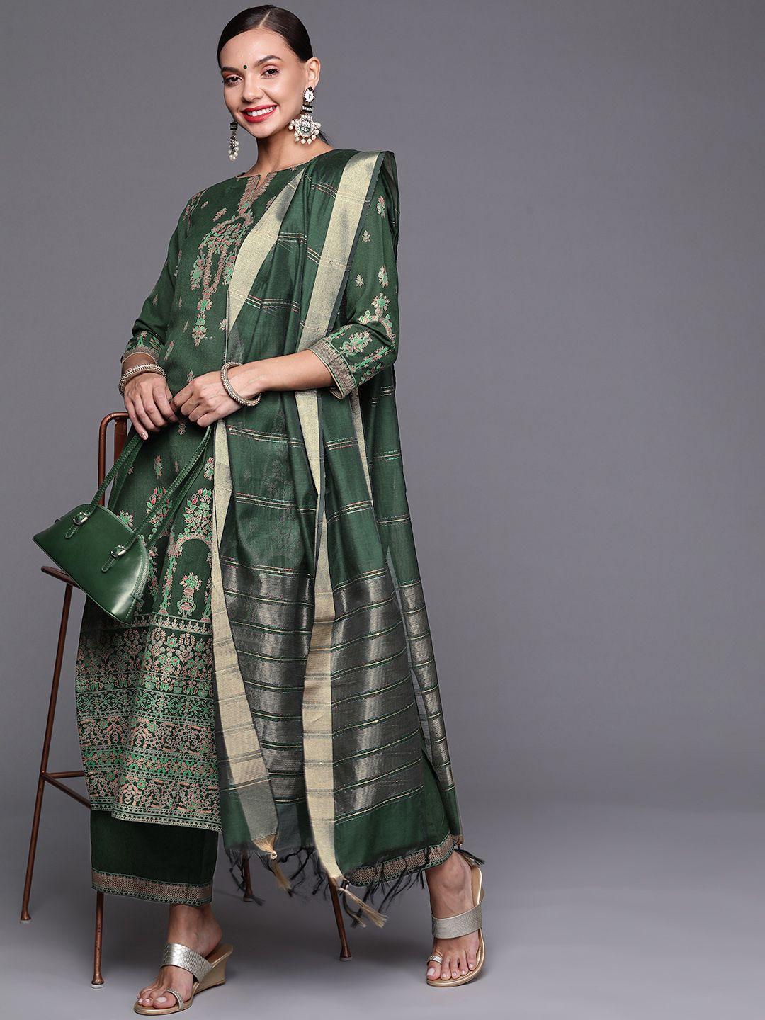 indo era women green ethnic motifs printed kurta with palazzos & with dupatta