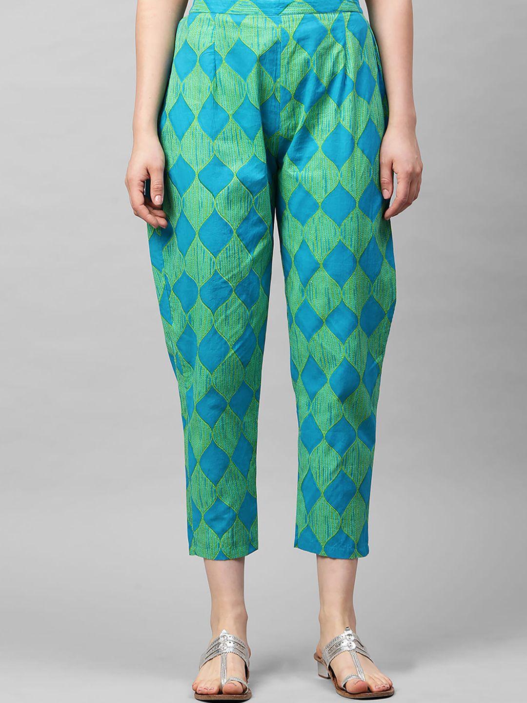 indo era women green printed peg trousers