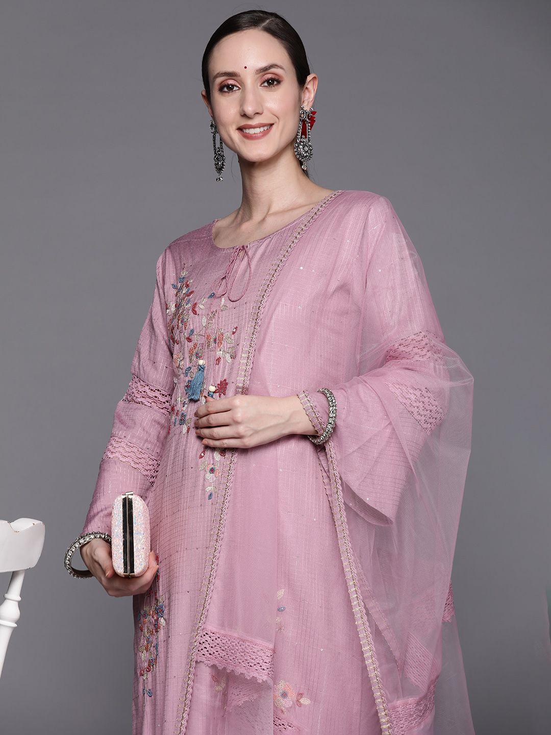 indo era women lavender floral embroidered thread work kurta with trousers & with dupatta
