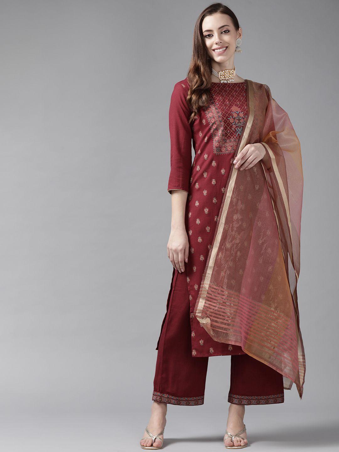 indo era women maroon ethnic motifs printed kurta with palazzos & dupatta