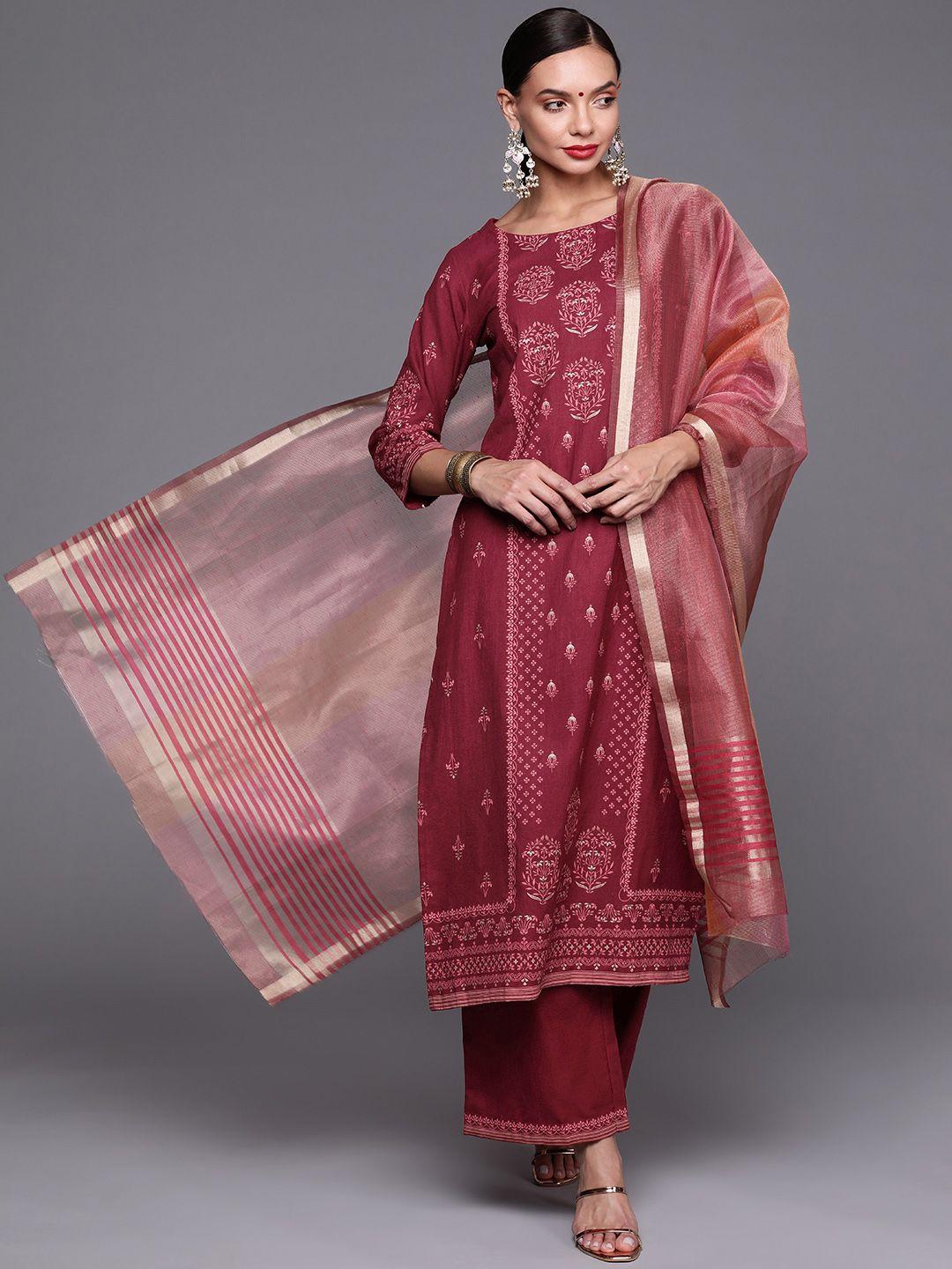 indo era women maroon ethnic motifs printed kurta with palazzos & with dupatta