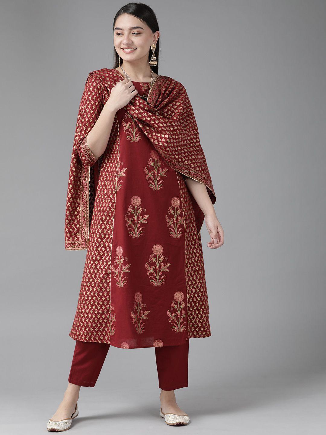 indo era women maroon ethnic motifs printed kurta with trousers & with dupatta