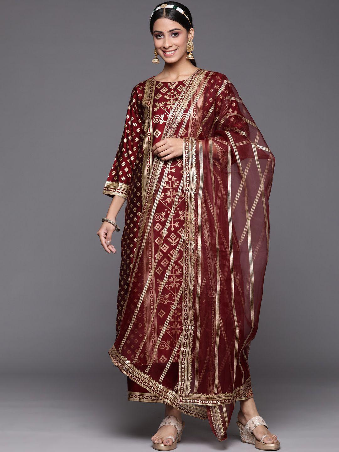 indo era women maroon printed liva kurta with trousers & with dupatta