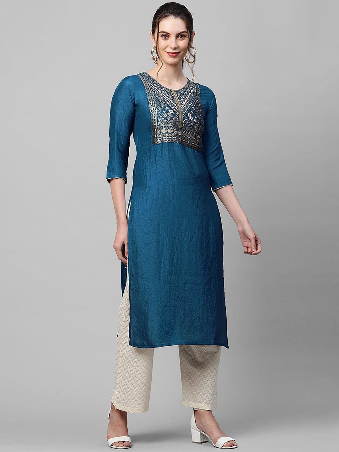 indo era women navy blue & gold-toned ethnic motifs yoke design kurta