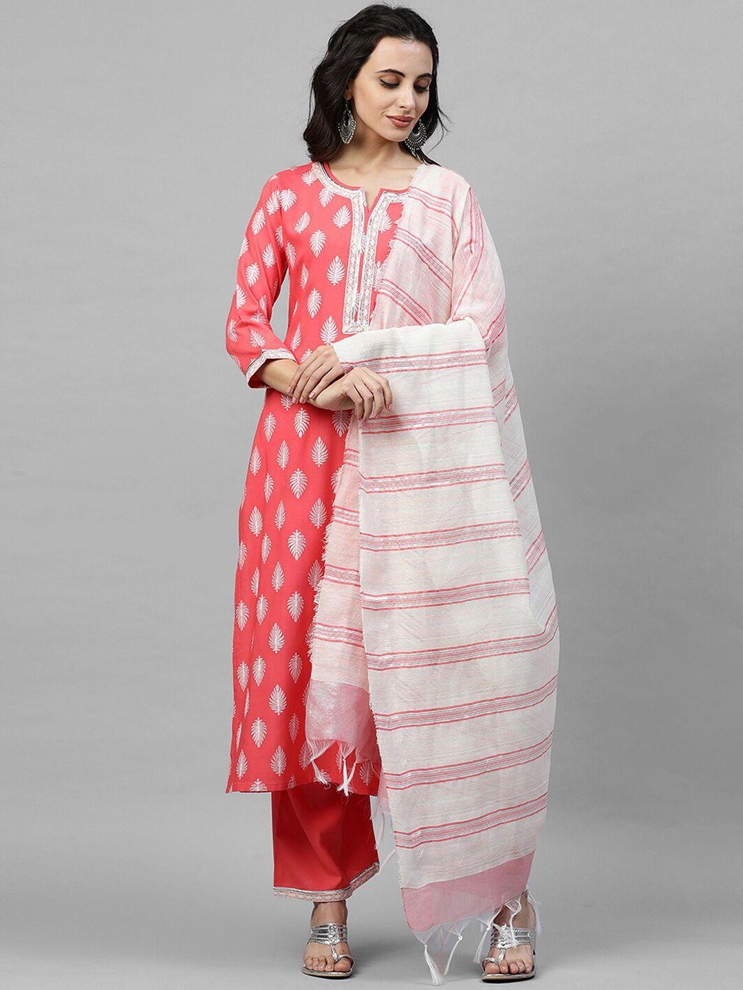 indo era women pink & white ethnic motifs printed kurta with palazzos & with dupatta