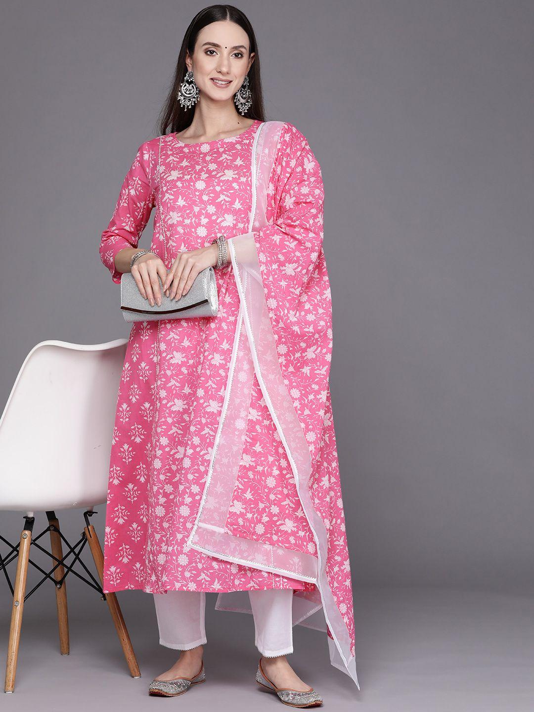 indo era women pink & white floral printed pure cotton kurta with trousers & dupatta