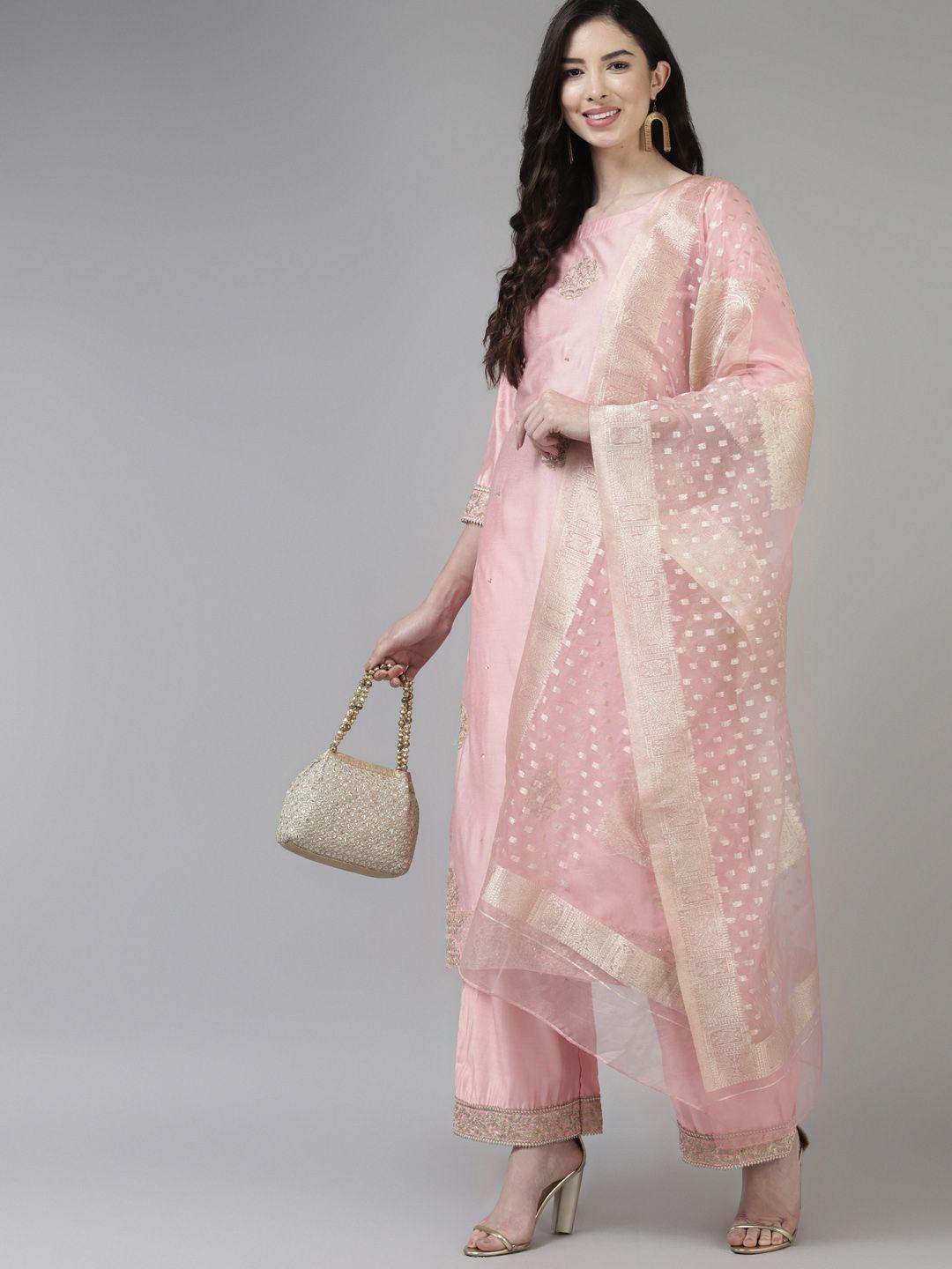indo era women pink ethnic motifs embroidered kurta with palazzos & with dupatta