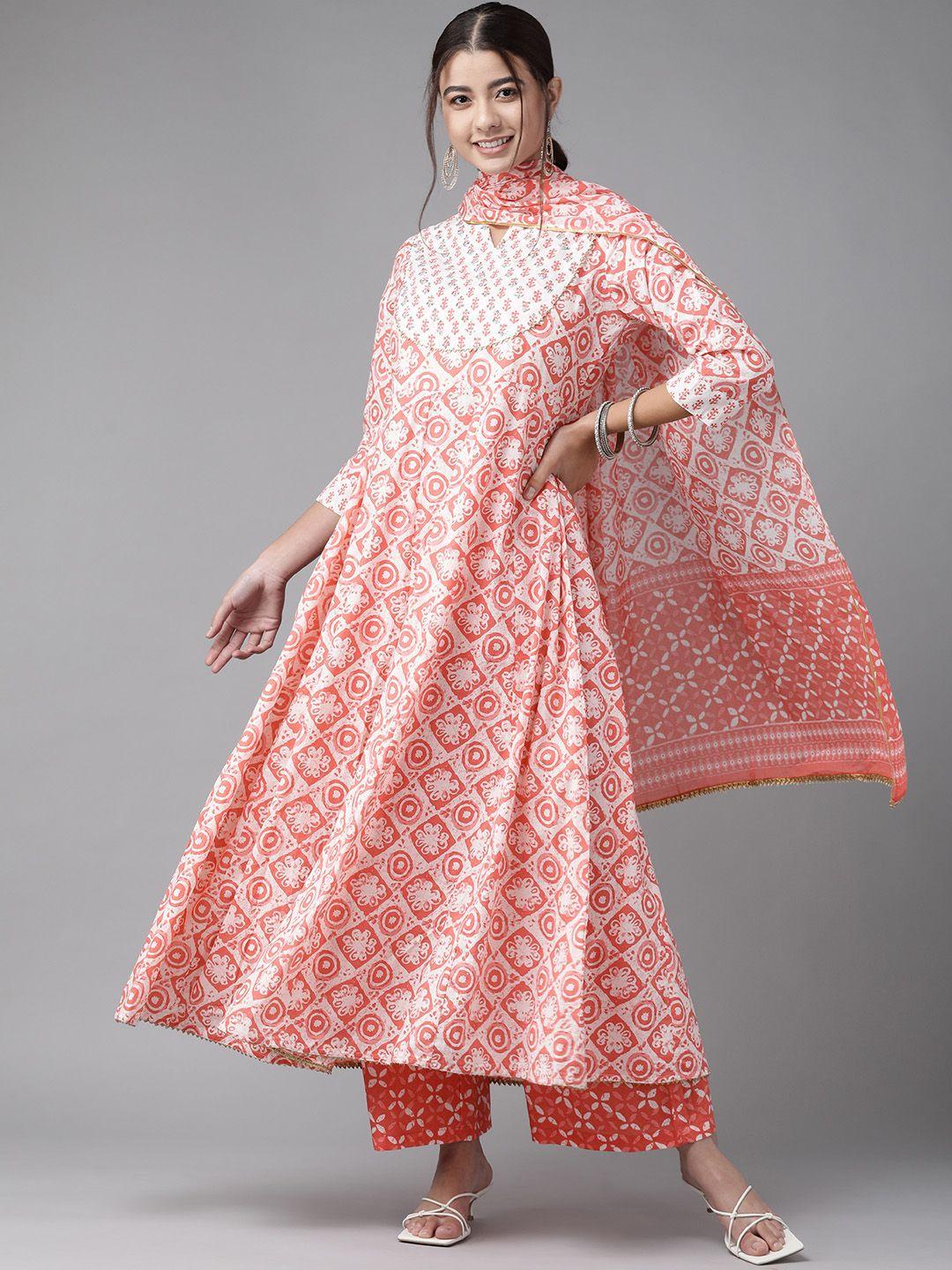 indo era women pink ethnic motifs printed empire sequinned kurta with trousers & dupatta