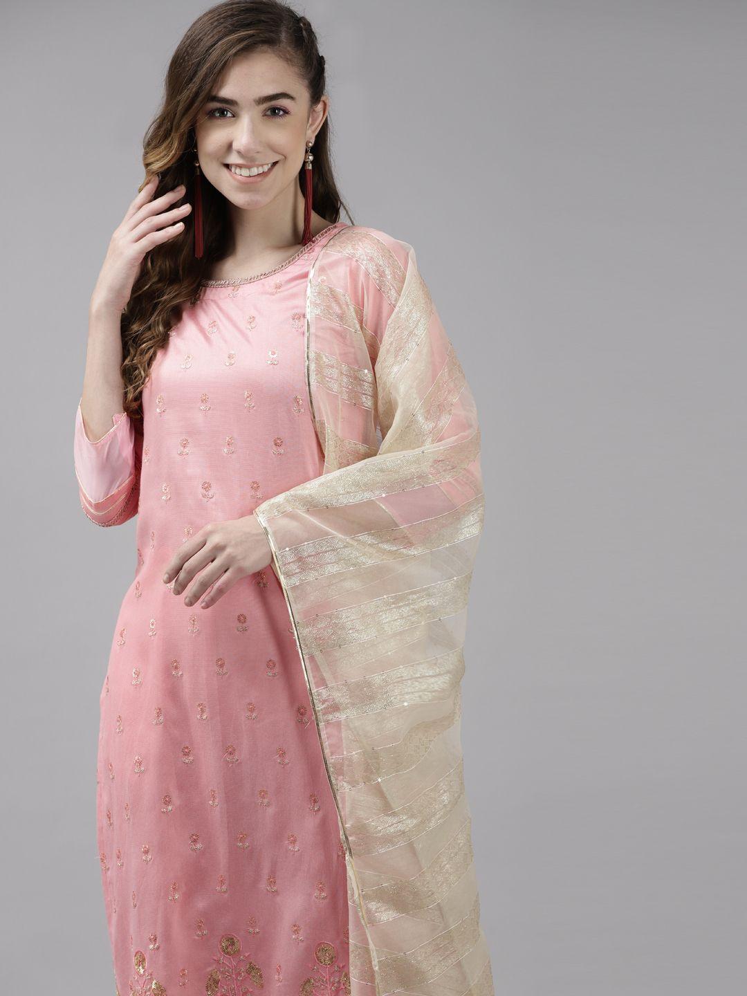 indo era women pink floral embroidered sequinned liva kurta with palazzos & with dupatta