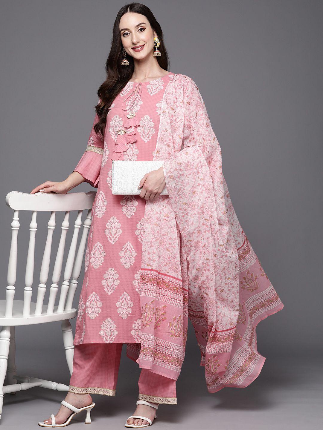 indo era women pink printed kurta with trousers & dupatta
