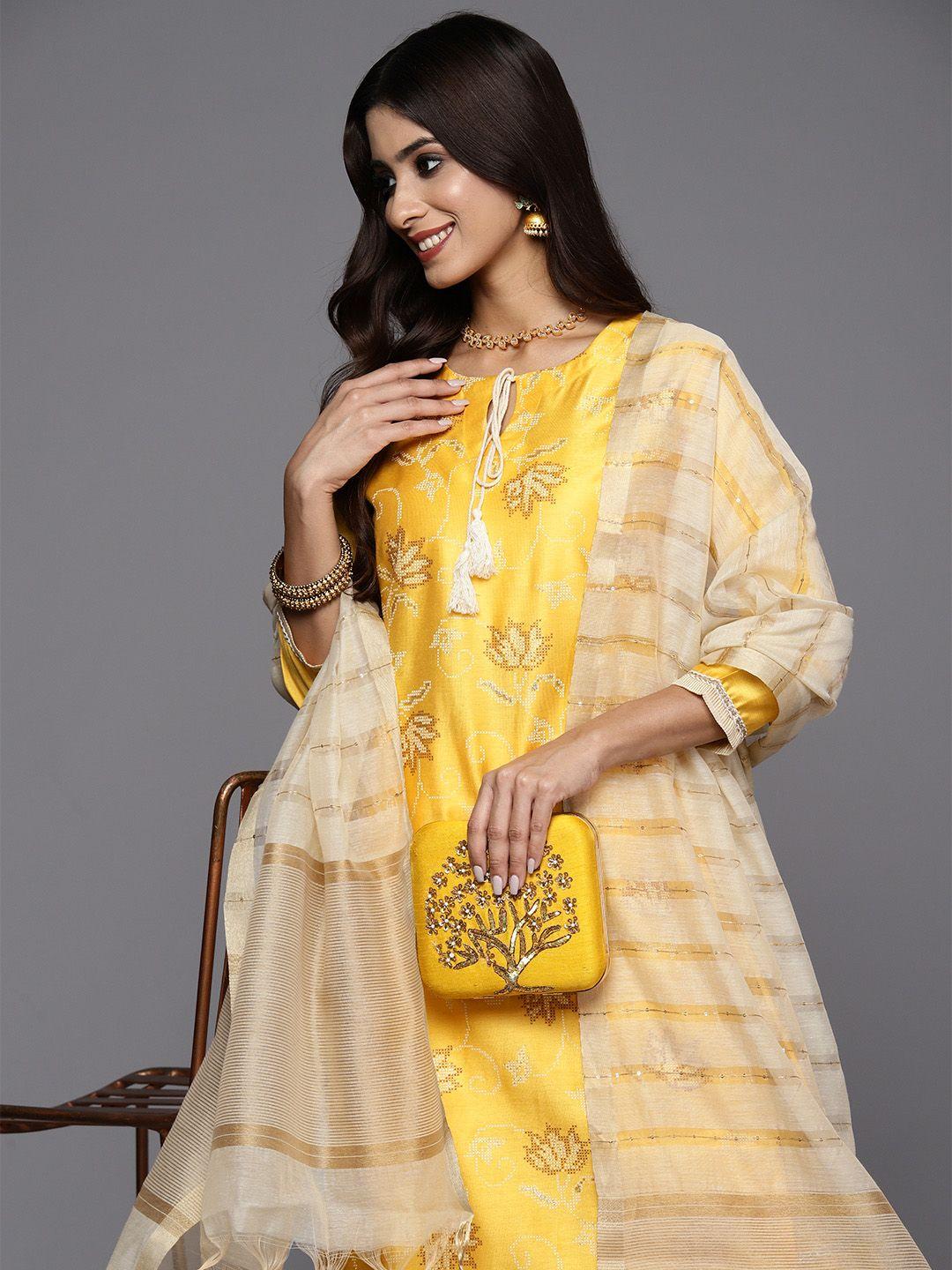 indo era women printed regular chanderi silk kurta with sharara & with dupatta