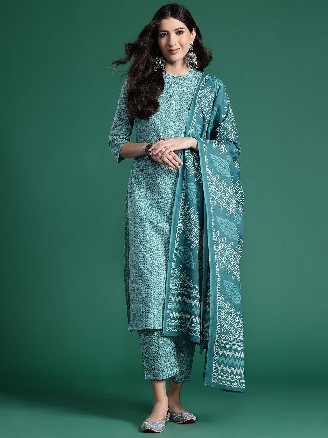 indo era women printed regular pure cotton kurta with trousers & with dupatta