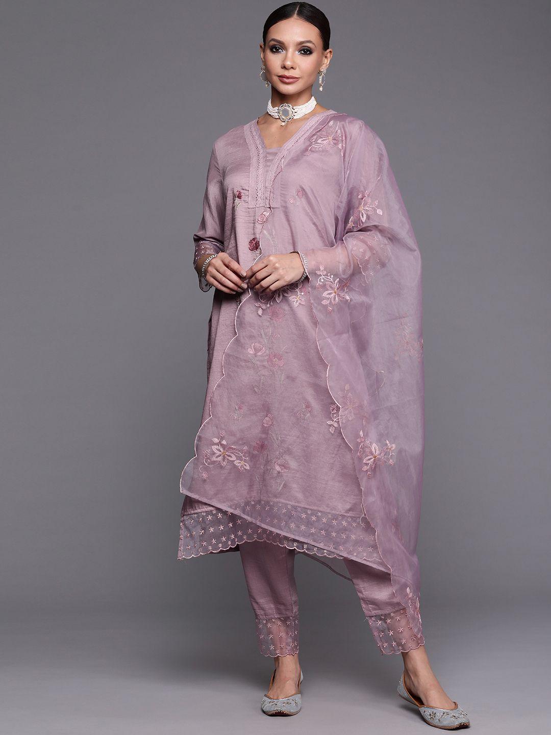 indo era women purple floral embroidered kurta with trousers & with dupatta