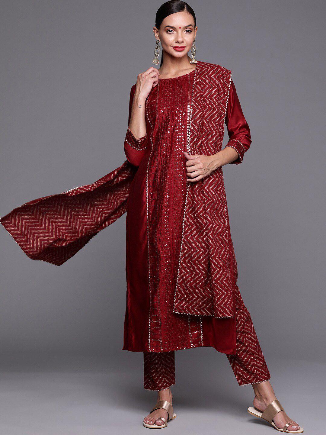 indo era women red ethnic motifs embroidered sequinned kurta with trousers & with dupatta