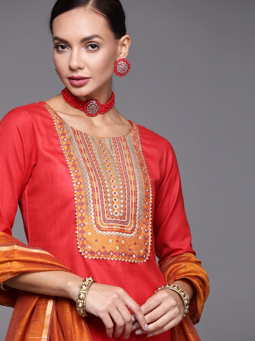 indo era women red ethnic motifs yoke design gotta patti kurta with palazzos & with dupatta