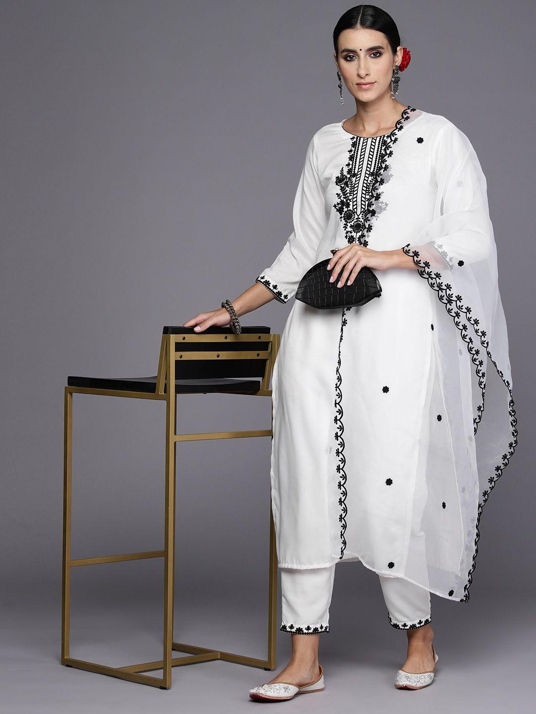 indo era women white floral embroidered regular thread work kurta with trousers & with dupatta