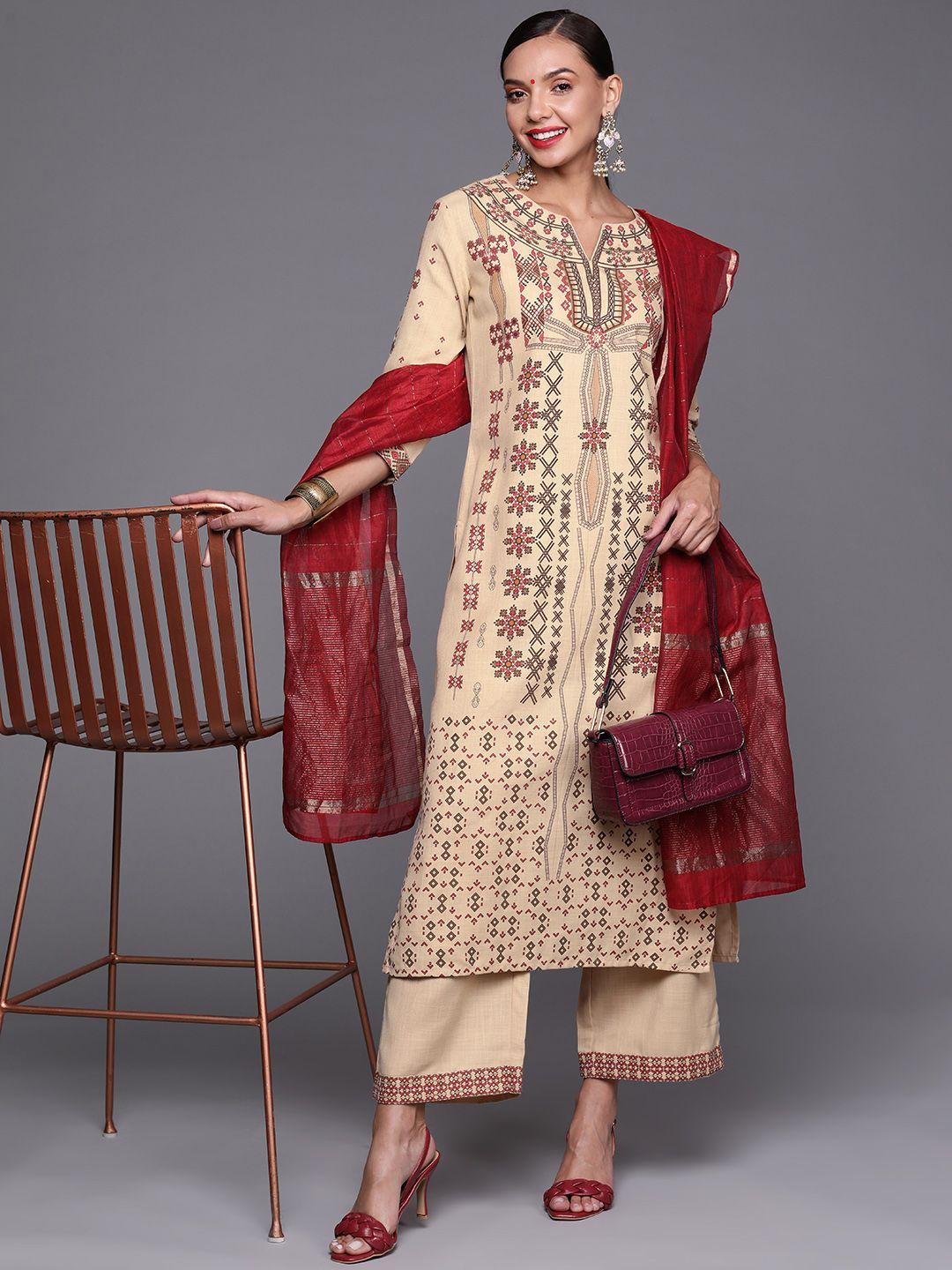 indo era women yellow & red ethnic motifs printed kurta with palazzos & with dupatta