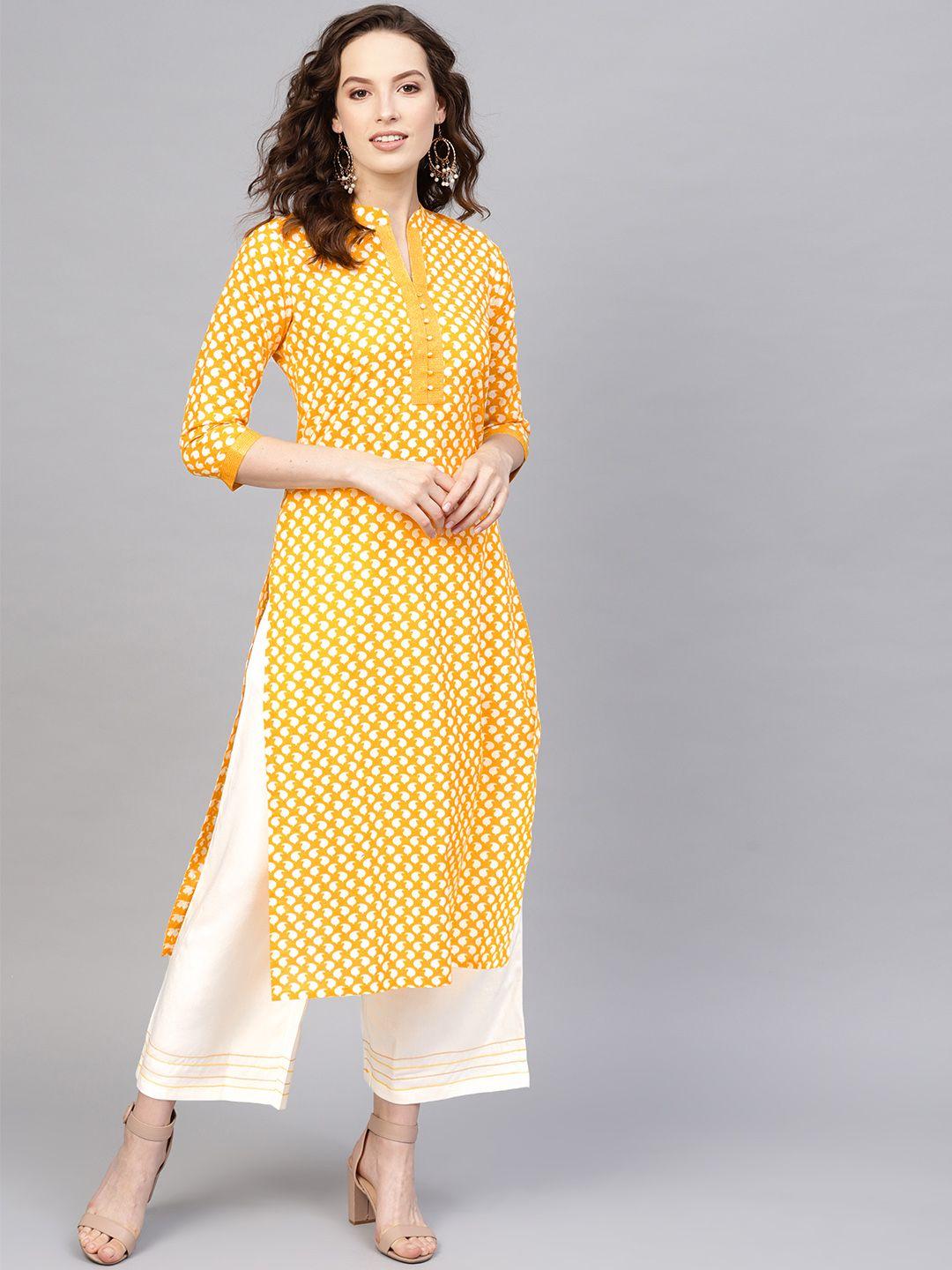 indo era women yellow & white printed straight kurta