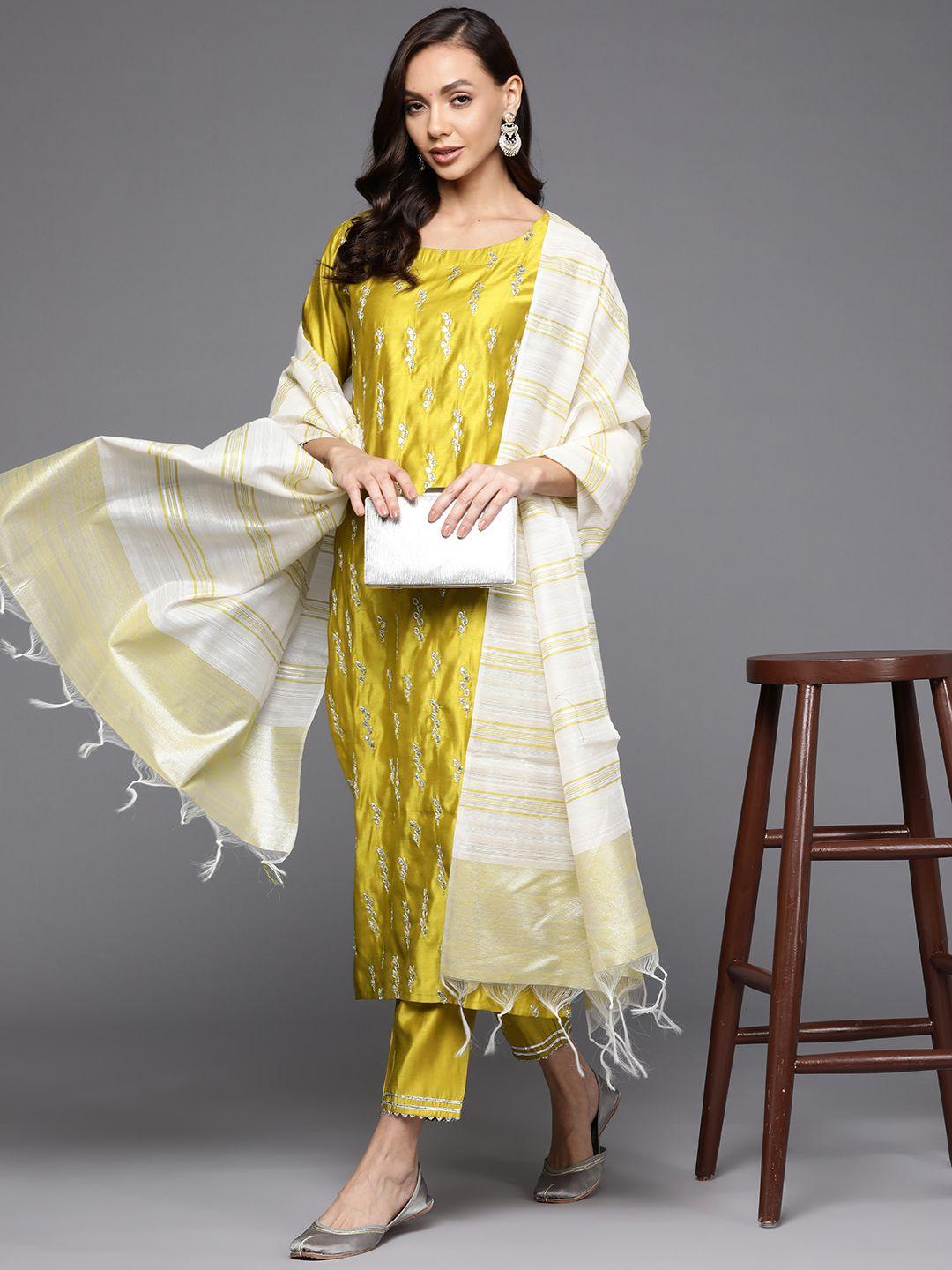 indo era women yellow ethnic motifs embroidered sequinned kurta with trousers & with dupatta
