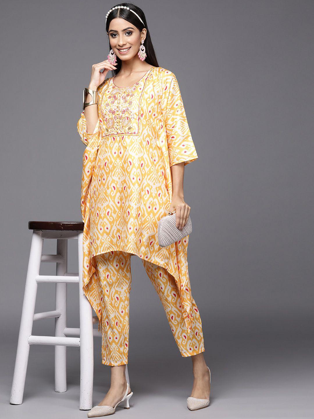 indo era women yellow ethnic motifs printed sequinned kurta with trousers