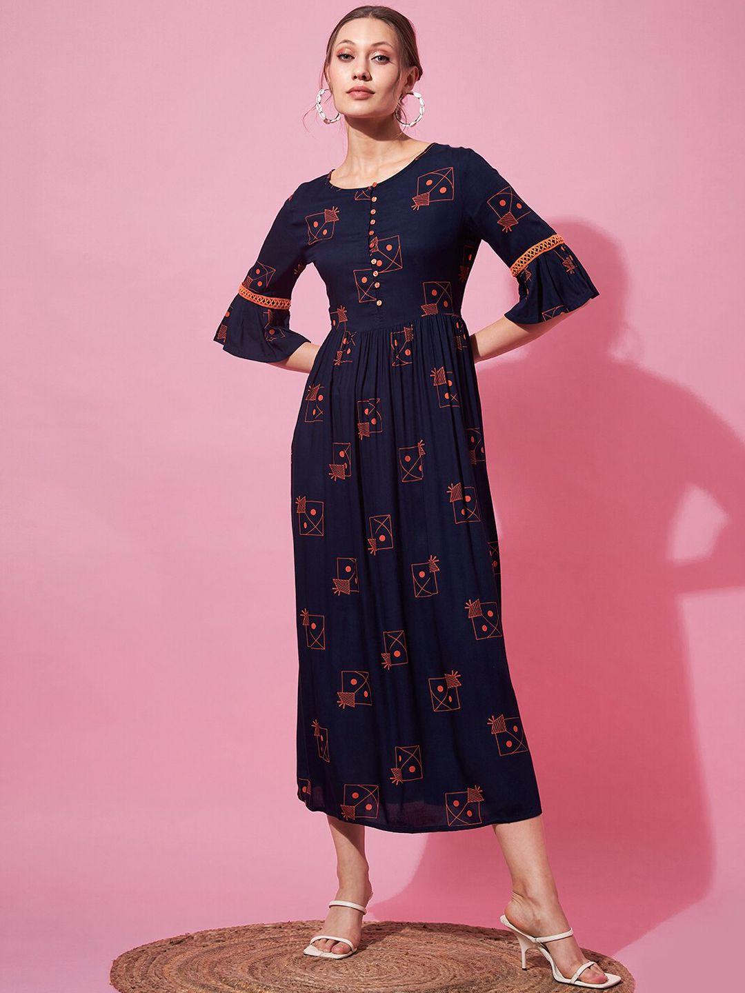 indo street geometric printed bell sleeves a-line maxi ethnic dress