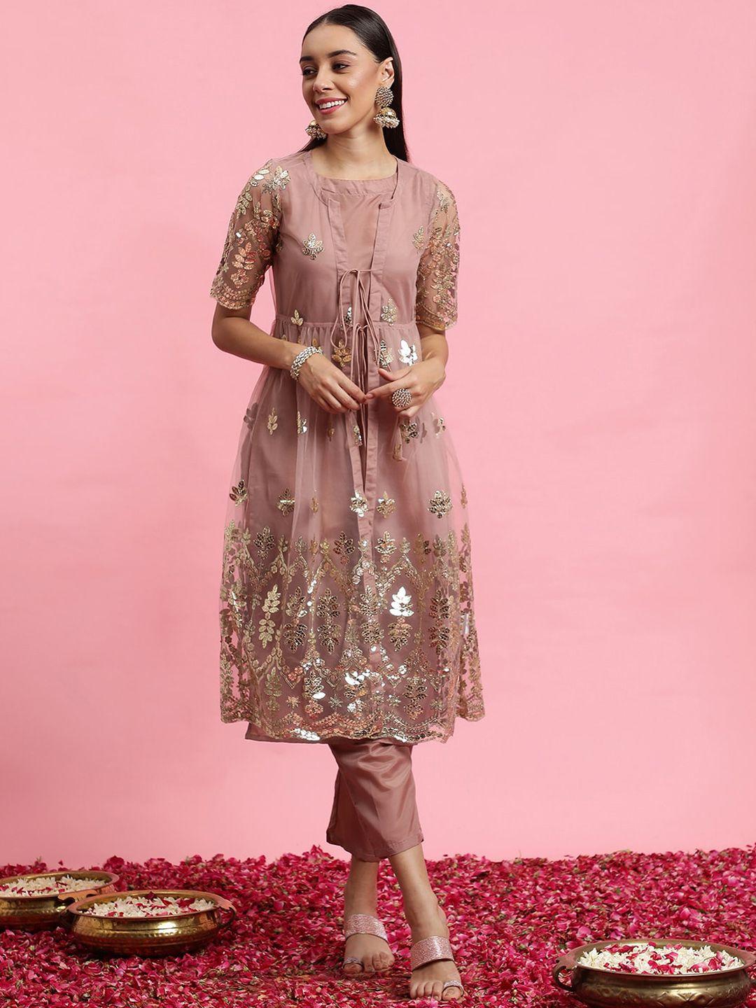 indo era a-line kurta with trousers and sequinned longline jacket