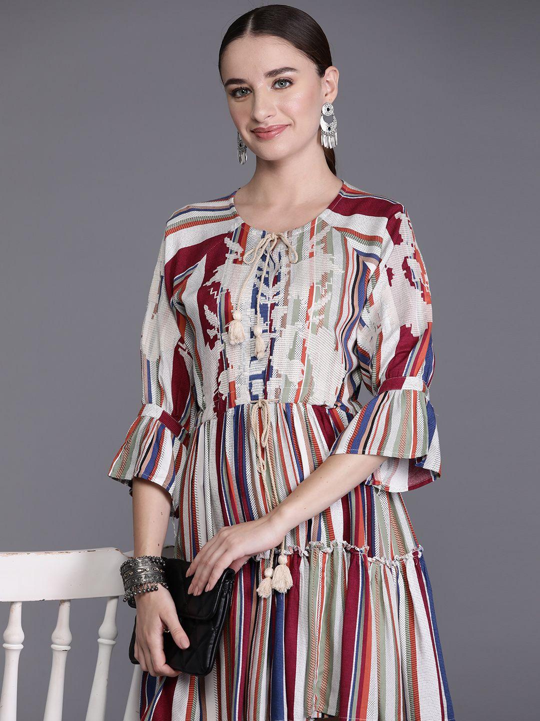 indo era abstract printed tie-up neck bell sleeve ruffled a-line mini dress