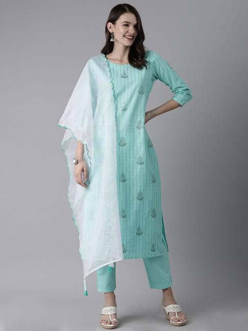 indo era aqua embroidered kurta with palazzo & dupatta