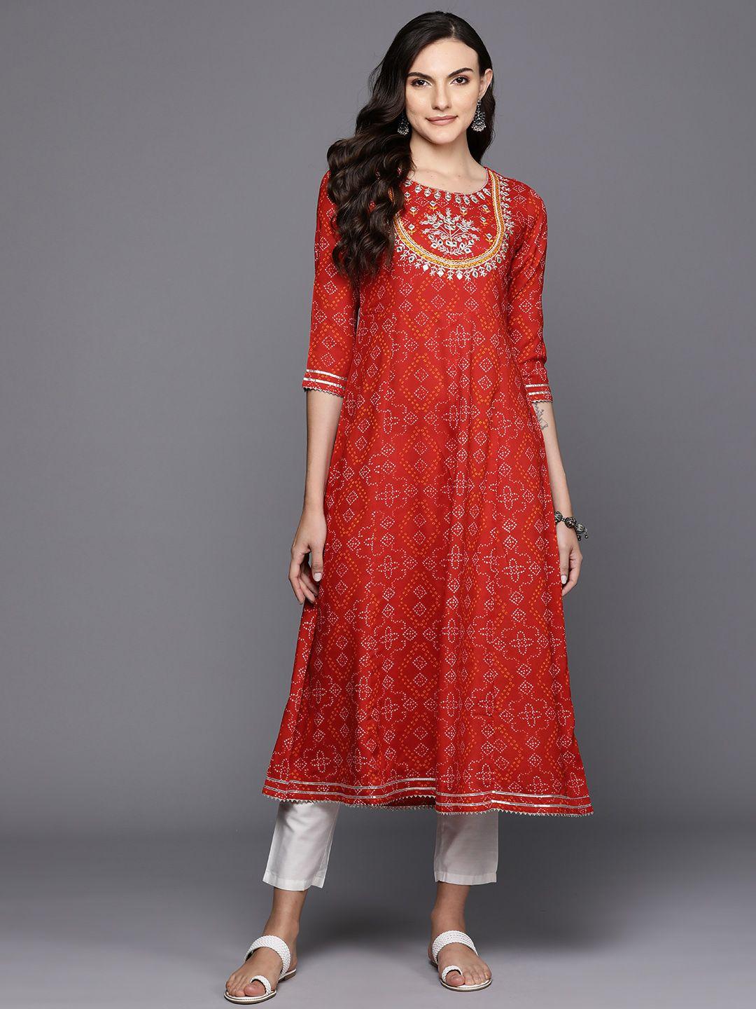 indo era bandhani printed thread work & mirror work detail a-line kurta