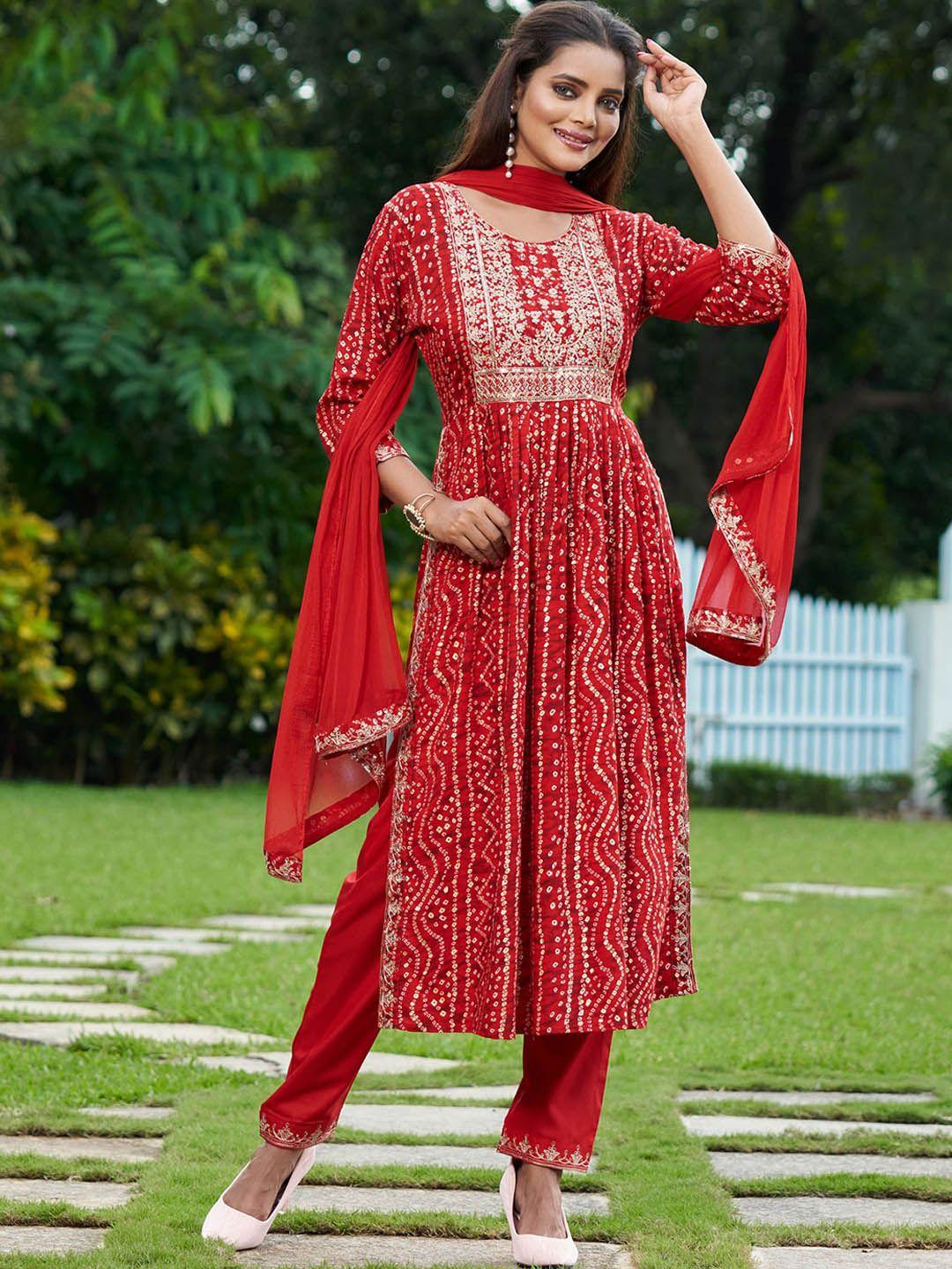 indo era bandhani printed thread work pleated a-line kurta with trousers & dupatta