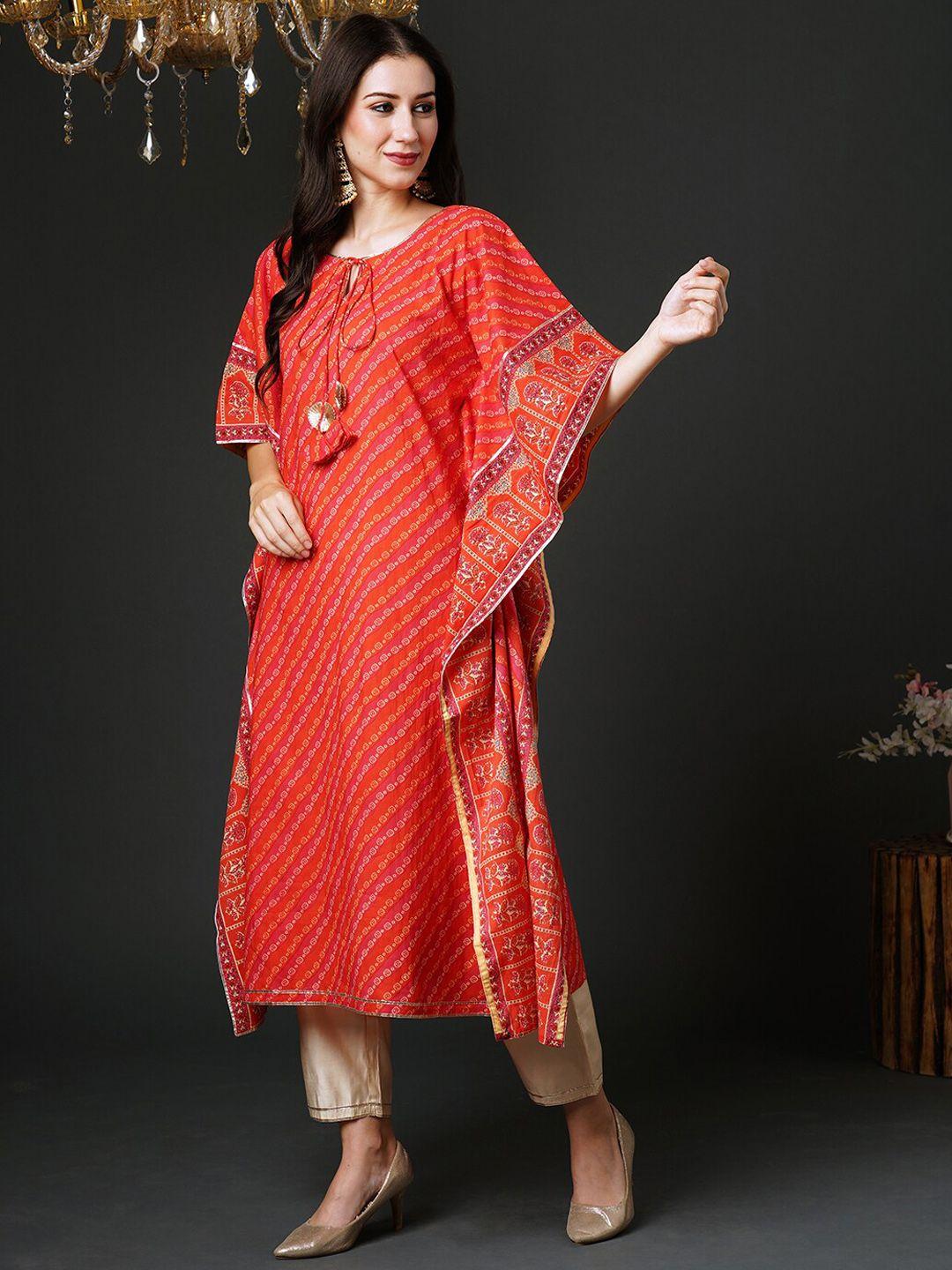 indo era bandhani printed tie-up neck kaftan kurta with palazzos