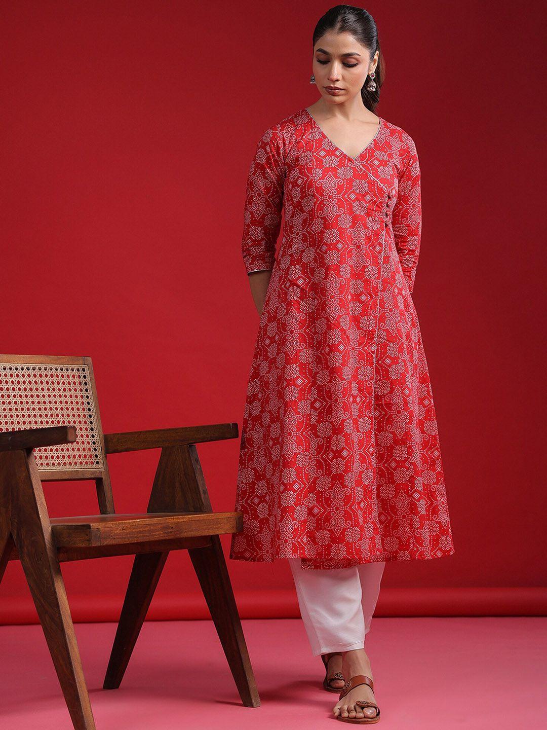 indo era bandhani printed v-neck cotton angrakha kurta