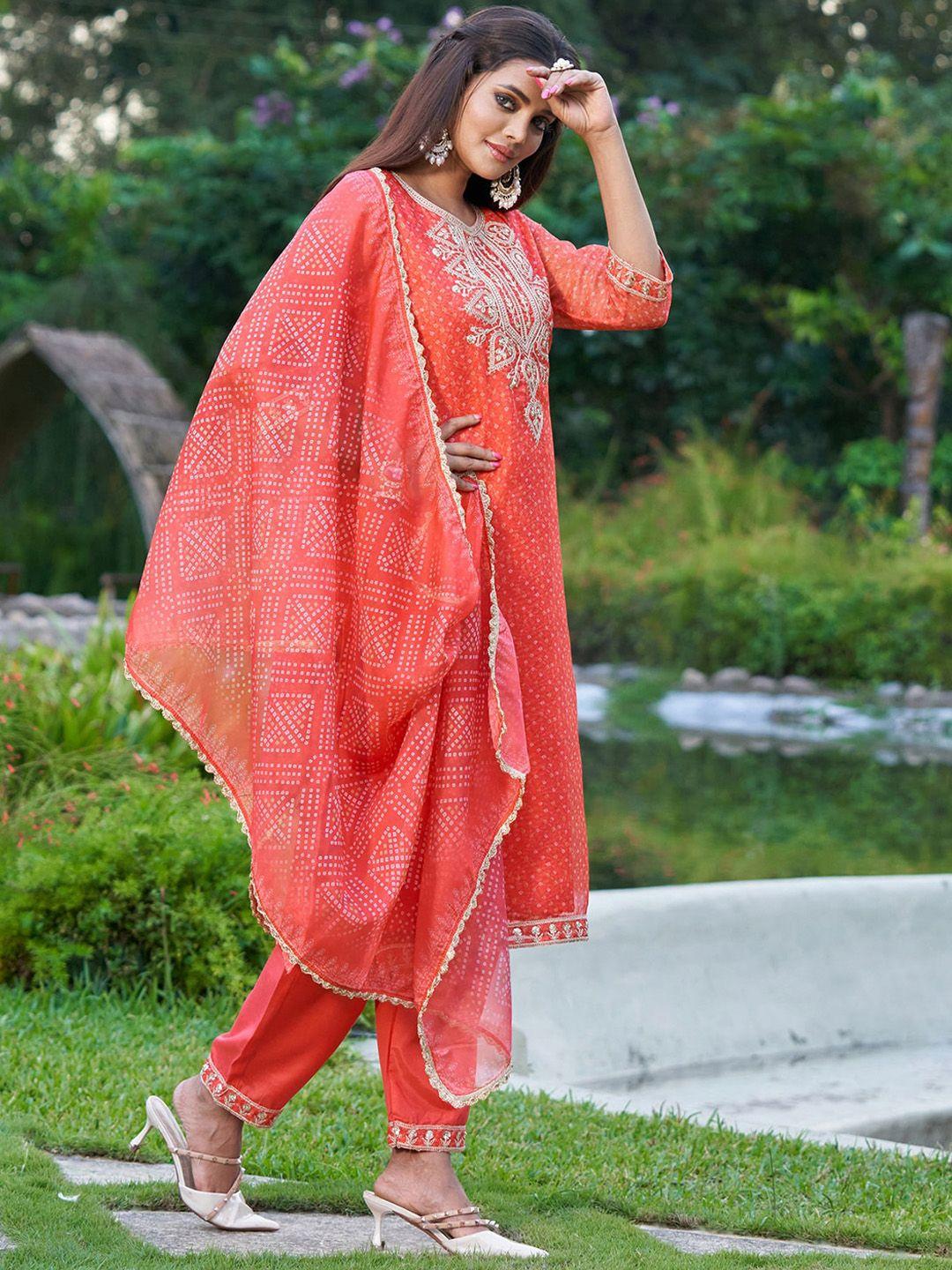 indo era bandhani printed yoke design regular kurta with trousers & dupatta