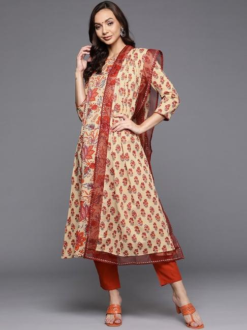 indo era beige & orange printed kurta pant set with dupatta