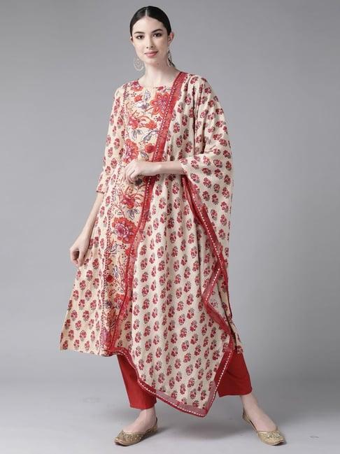 indo era beige & red floral print kurta pant set with dupatta