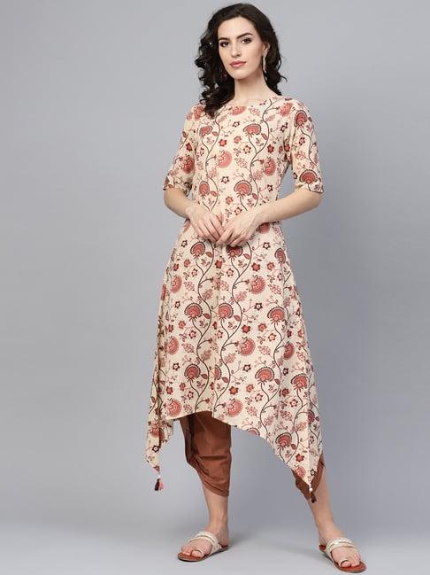 indo era beige cotton floral print high low kurta