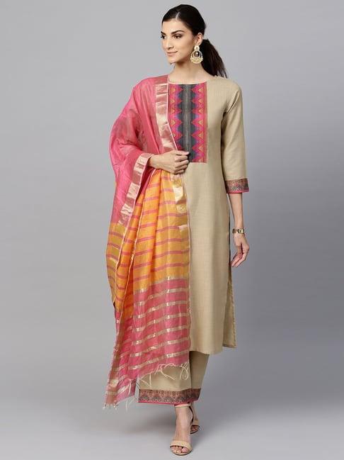 indo era beige cotton printed kurta palazzo set with dupatta