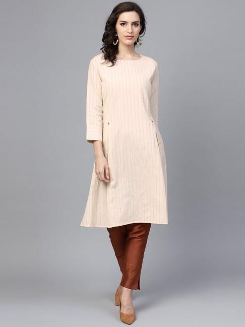 indo era beige cotton striped a line kurta