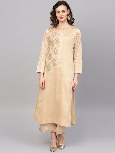 indo era beige embroidered kurta palazzo set