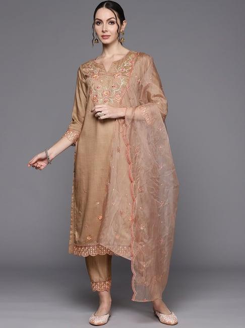 indo era beige embroidered kurta pant set with dupatta