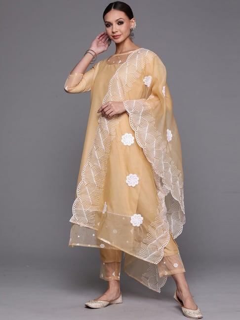 indo era beige embroidered kurta pant set with dupatta