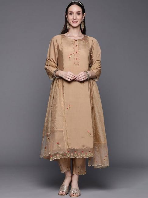 indo era beige embroidered kurta pant set with dupatta