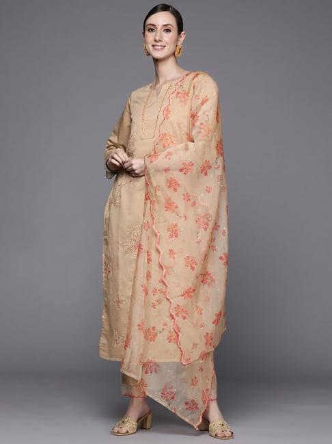 indo era beige embroidered kurta pant set with dupatta