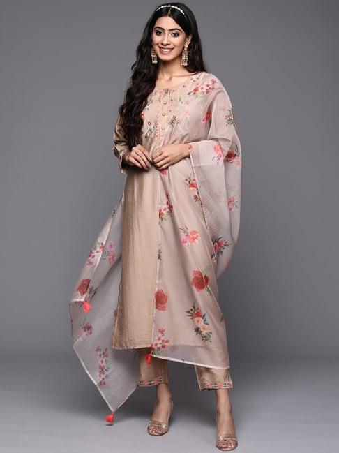 indo era beige embroidered kurta pant set with dupatta