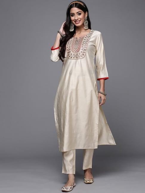 indo era beige embroidered kurta pant set