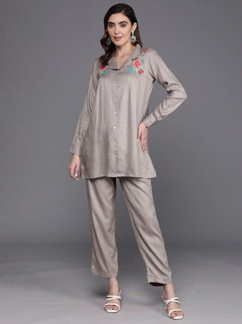 indo era beige embroidered tunic pant set