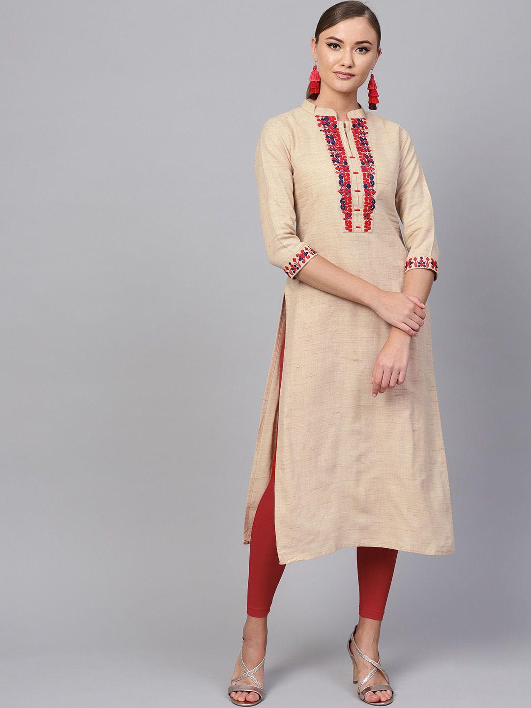 indo era beige ethnic motifs yoke design pure cotton thread work kurta